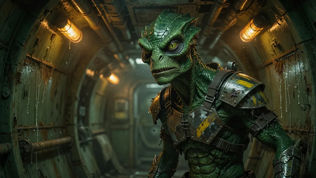 A different reptilian alien with ridged green hide and cold slit eyes aboard a derelict ship — the world of the alien name generator