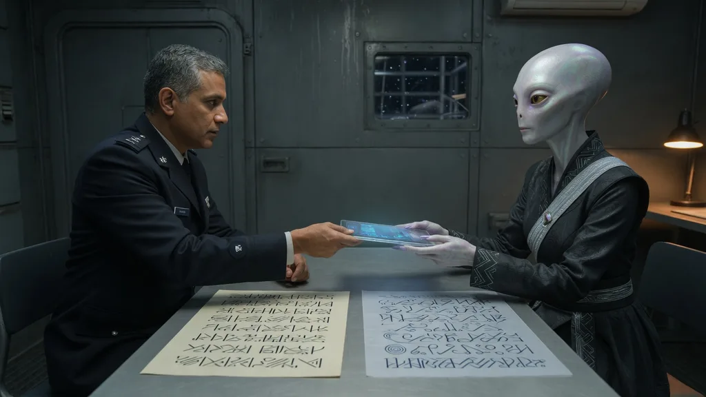 A human diplomatic envoy and an alien delegate exchanging a data tablet at a first-contact meeting, with mismatched written scripts visible on two separate documents — artwork for the alien species name generator