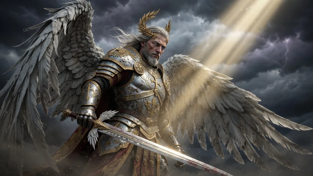 Stern armoured archangel with a drawn sword and wide wings against a stormy sky, lit by a shaft of light — artwork for the angel name generator