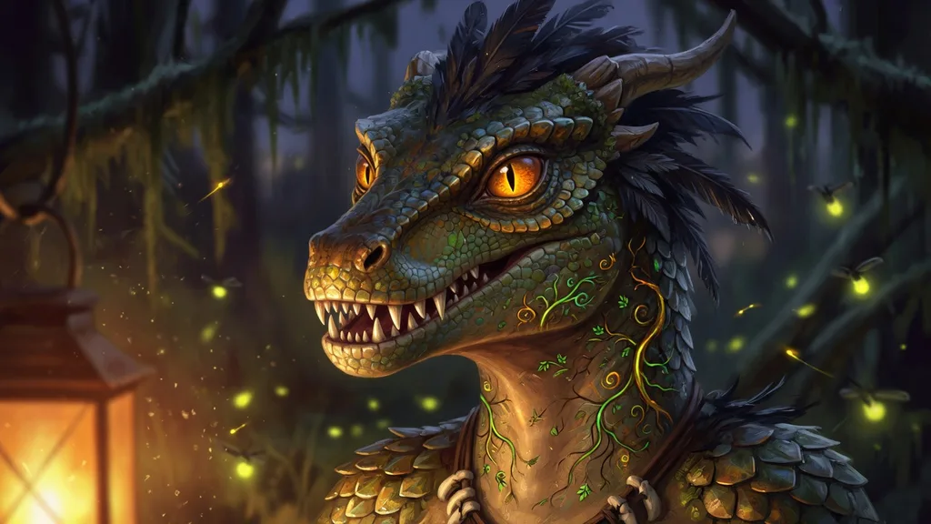 Close-up portrait of an Argonian with amber eyes, ridged scales and feathered crest lit by swamp lantern light — artwork for the Argonian name generator