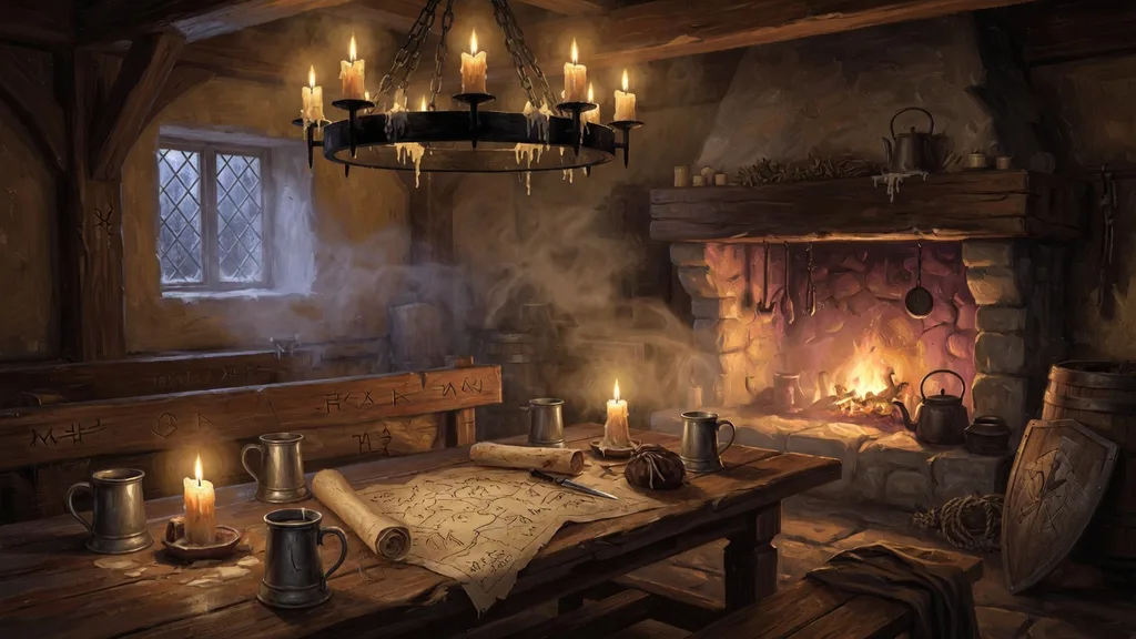Candlelit fantasy tavern interior with worn wooden tables and a warm hearth — a meeting place for a party rolled with the Baldur's Gate 3 name generator