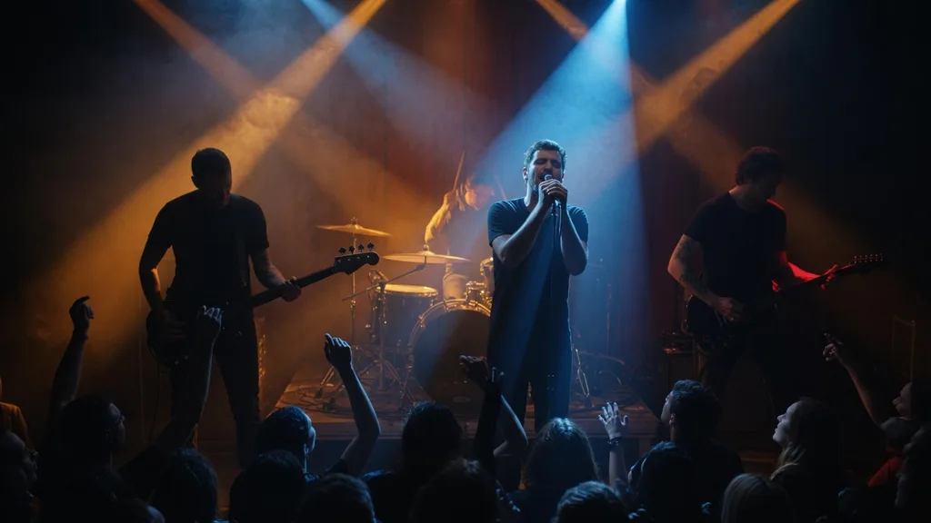 A full band silhouetted on a smoky club stage under blue and amber lights — artwork for the band name generator