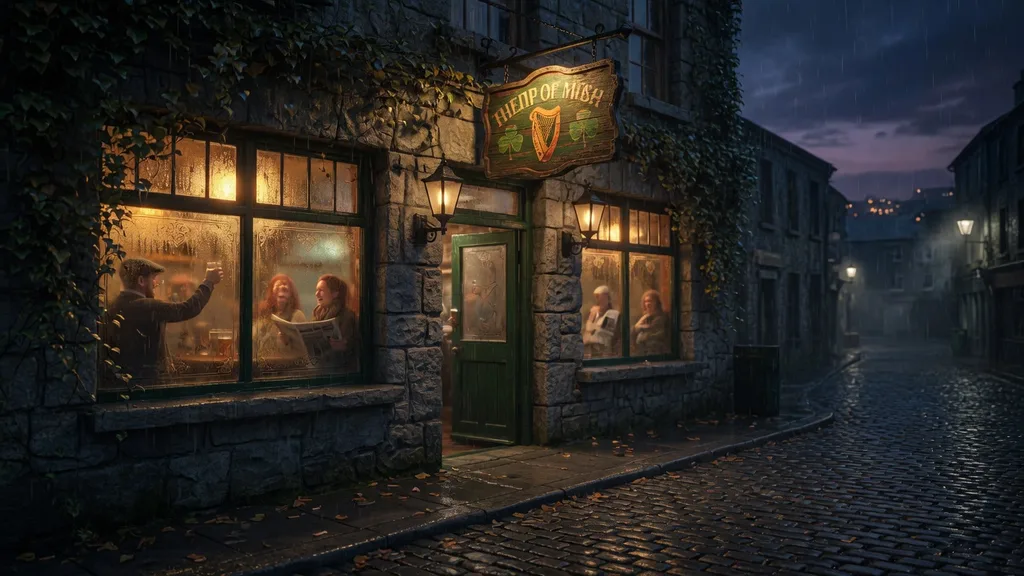 Cosy Irish pub exterior at night with warm light spilling from the windows and a hanging sign — one style from the bar name generator