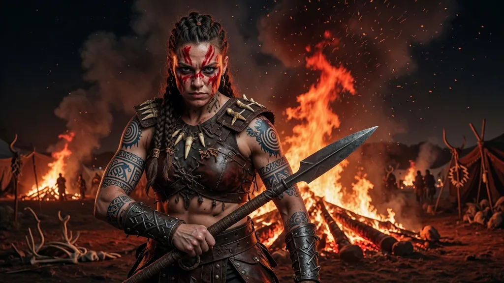 Fierce barbarian woman warrior with tribal tattoos and braided hair standing before a roaring bonfire, war-ready and fierce — artwork for the barbarian name generator