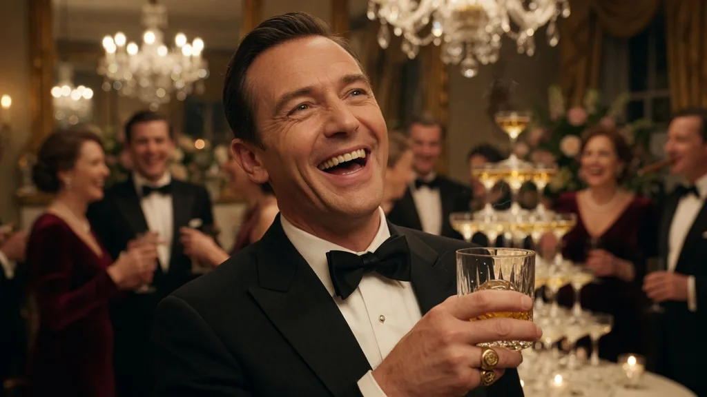A dapper gentleman in a tuxedo laughing mid-conversation at an elegant party, glass in hand — artwork for the Benedict Cumberbatch name generator