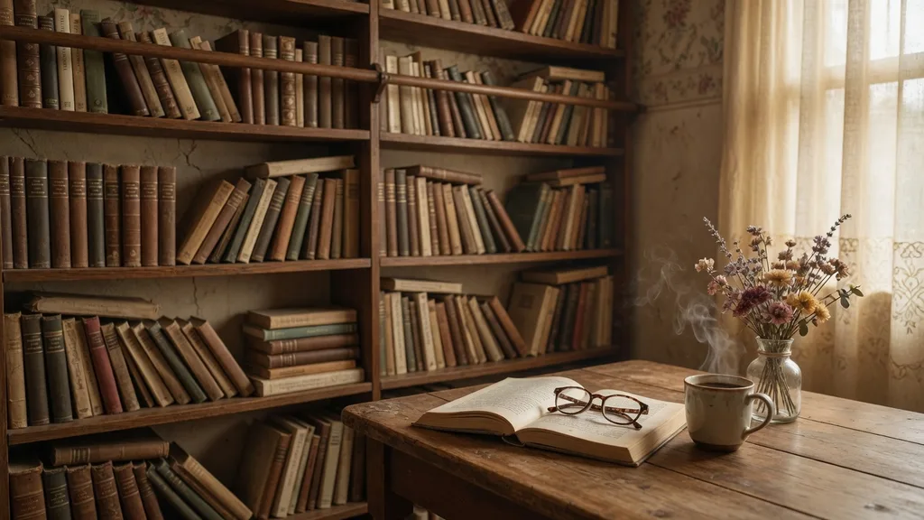 A charming home library wall of books with reading glasses and an open book on a wooden table — artwork for the book club name generator