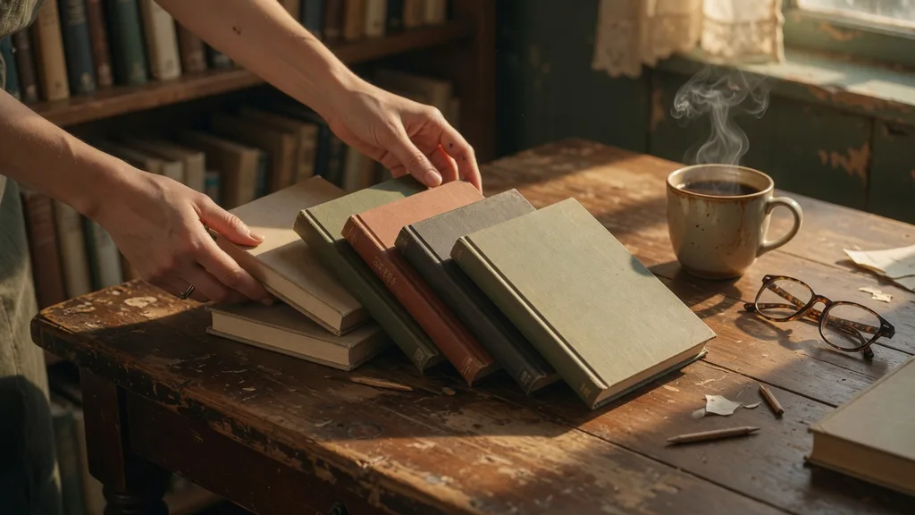 A writer's hands arranging a small stack of blank hardcover books on a wooden desk with coffee and reading glasses nearby, warm golden light