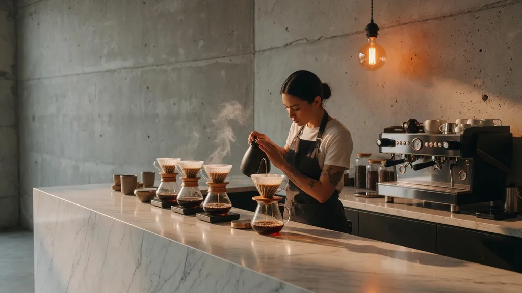 Chic modern minimalist coffee bar with a white marble counter, pour-over stations, and a barista carefully preparing a single-origin brew — artwork for the Cafe & Coffee Shop Name Generator