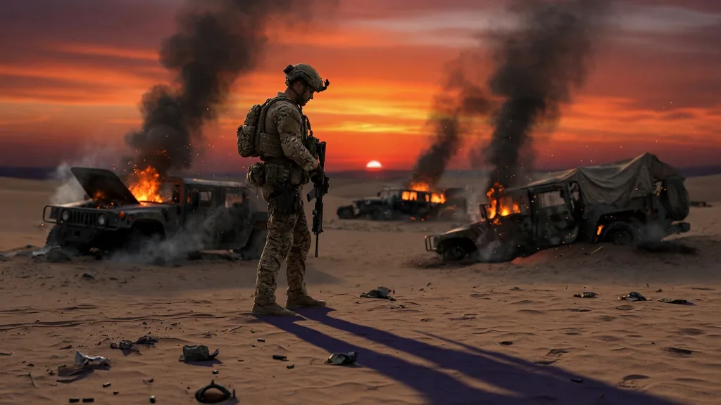 Lone soldier silhouette backlit by fire and smoke in a vast desert warzone at dusk — artwork for the Call of Duty name generator