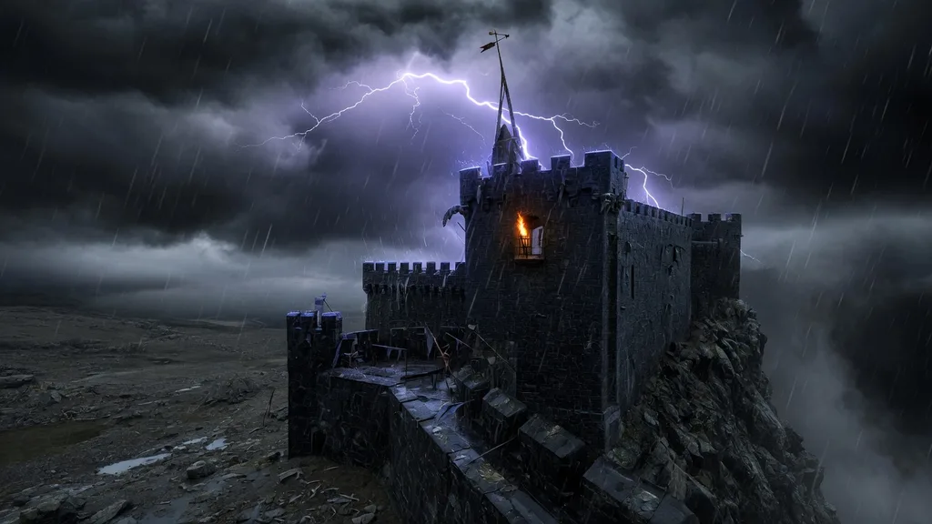 Dark grim fortress under storm clouds on a bleak crag — interior art for the castle name generator