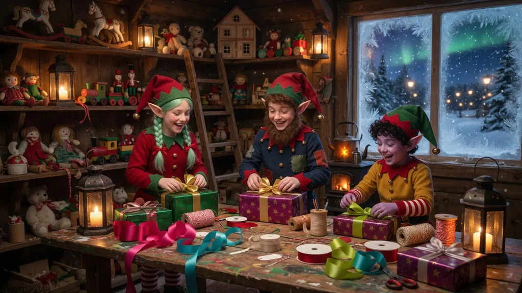 Cheerful Christmas elves wrapping gifts at a wooden workbench in a cozy North Pole workshop — scene from the Christmas elf name generator