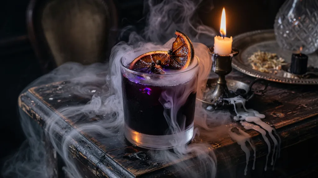 Tropical tiki cocktail with pineapple garnish and marigold flower, served in a ceramic mug with dry-ice mist curling across a weathered bamboo bar — scene from the cocktail name generator