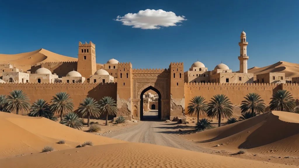 A desert nation city of ochre walls and domed architecture rising from sand dunes under a vivid sky — scene from the country name generator