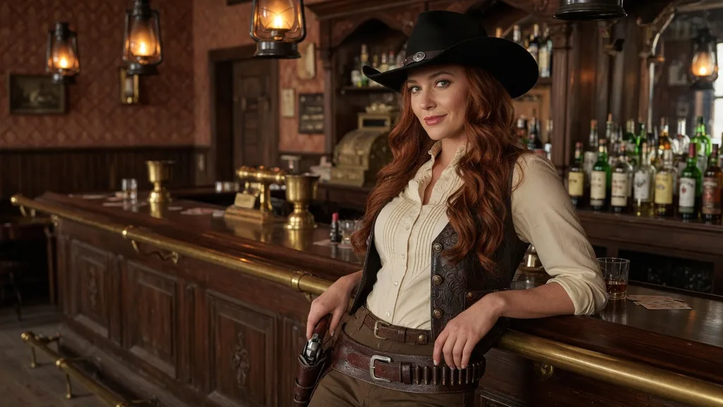 Beautiful cowgirl in a frontier saloon resting a hand near her holster, warm lantern light — scene for the cowboy name generator