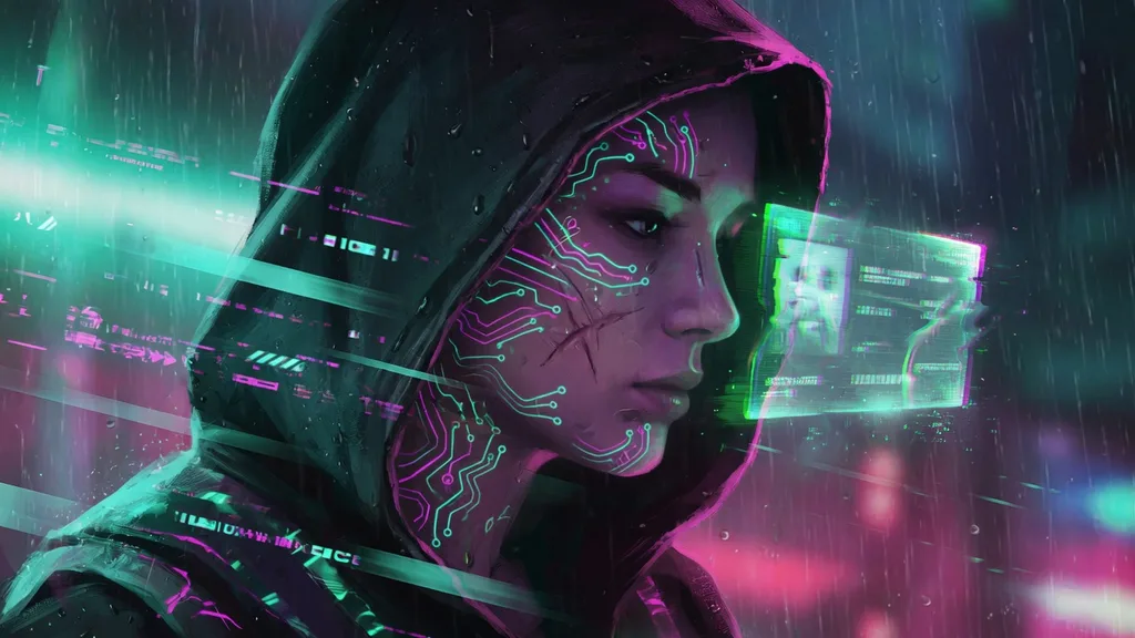 Hooded cyberpunk figure with glowing neon circuit tattoos and a holographic identity tag beside their face — imagery from the cyberpunk name generator