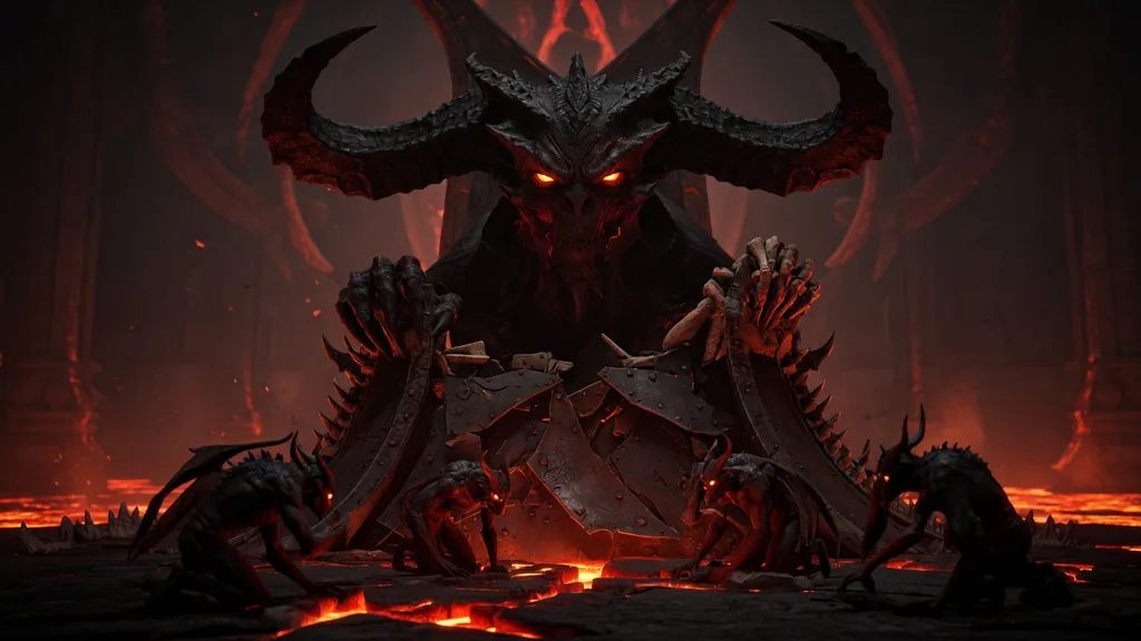 A colossal shadowy demon lord enthroned on a dais of broken bone in a vast infernal hall — scene from the demon name generator