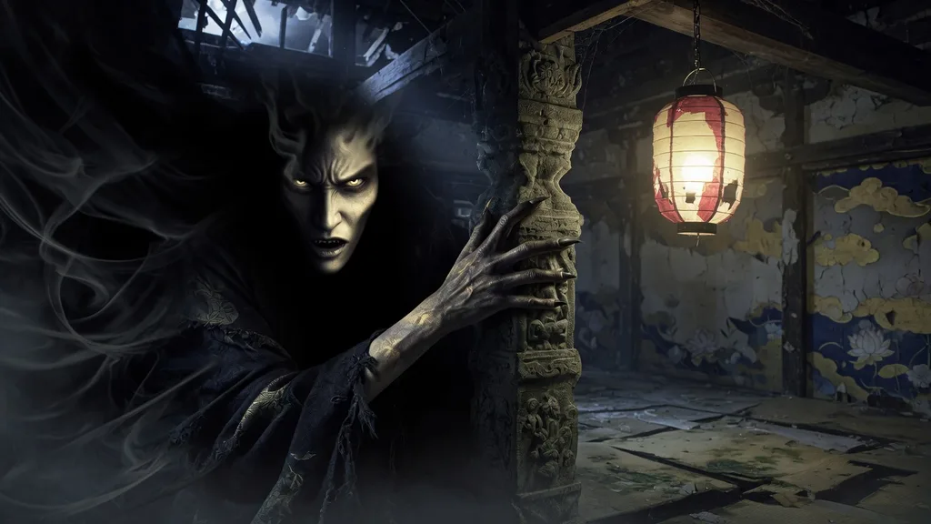 Original eerie anime-inspired demon with glowing eyes emerging from shadow — atmosphere art for the demon slayer name generator