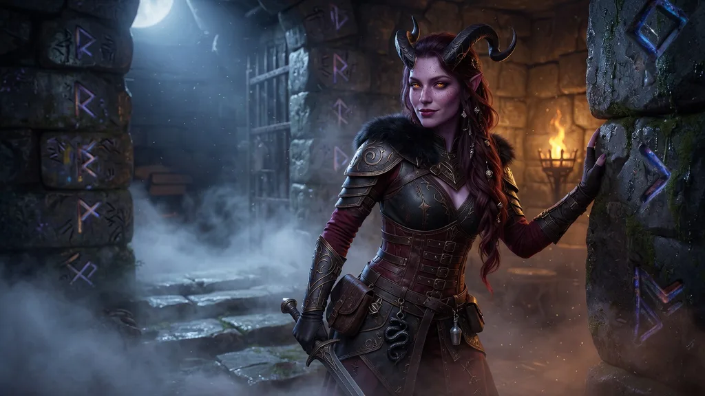 A lone tiefling adventurer with curved horns and violet-tinged skin standing at a glowing dungeon threshold — scene art for the D&D character name generator