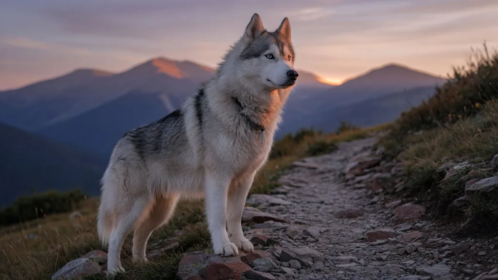 Noble Siberian husky standing on a rocky trail at dusk with pale blue eyes and striking silver-and-white fur — scene art for the dog name generator