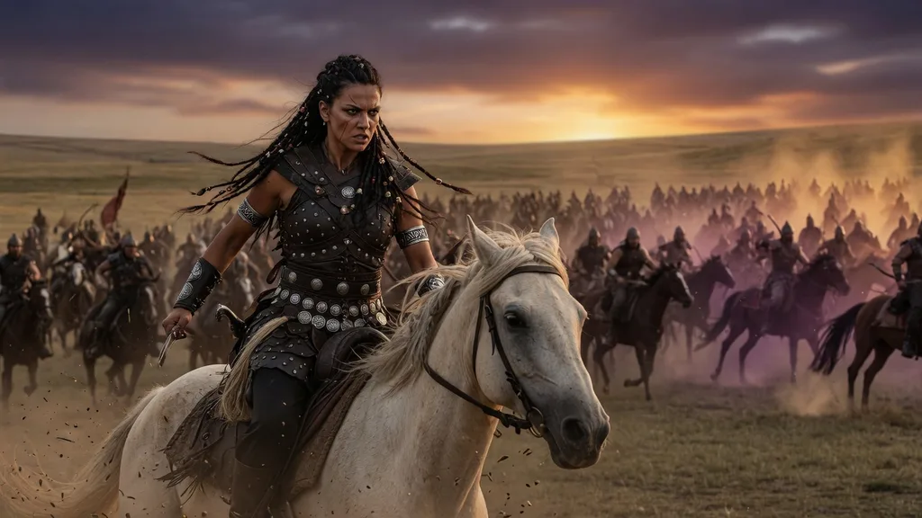 Fierce Dothraki khaleesi on horseback leading a horde of riders across the open grassland plains at dusk — scene art for the Dothraki name generator