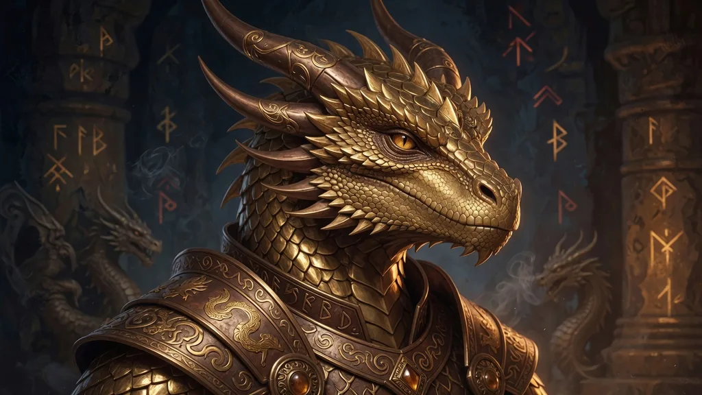 Close-up of a noble gold metallic dragonborn with engraved ceremonial armor against runed temple stone — art for the dragonborn name generator