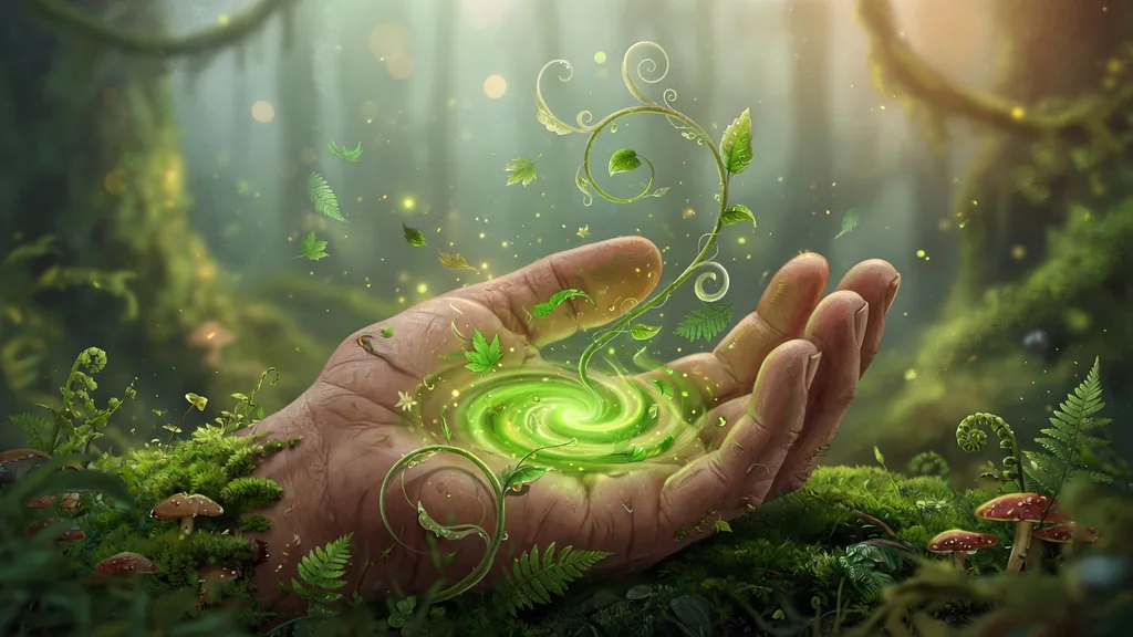 A weathered hand cupping a small glow of green nature magic among ferns and moss in a misty wood — art for the druid name generator