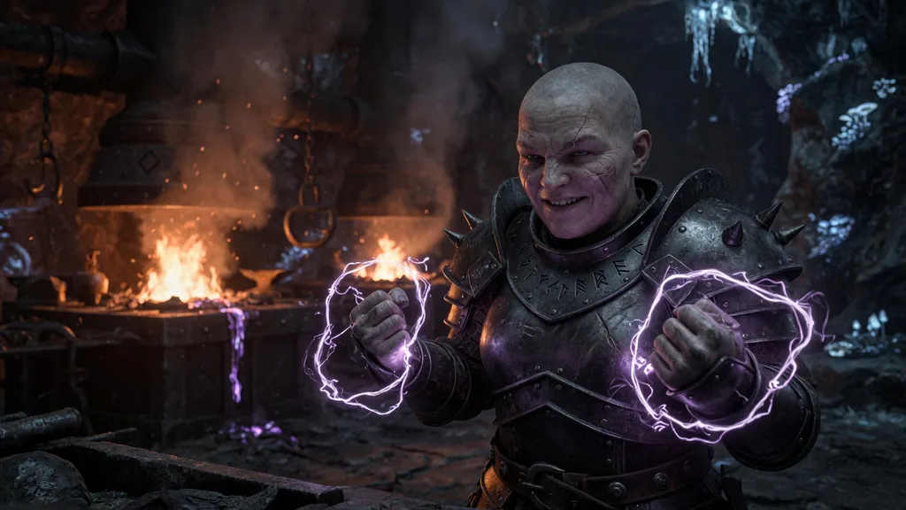Female duergar overseer with psionic energy crackling around her fists in a dark Underdark forge chamber — art for the duergar name generator