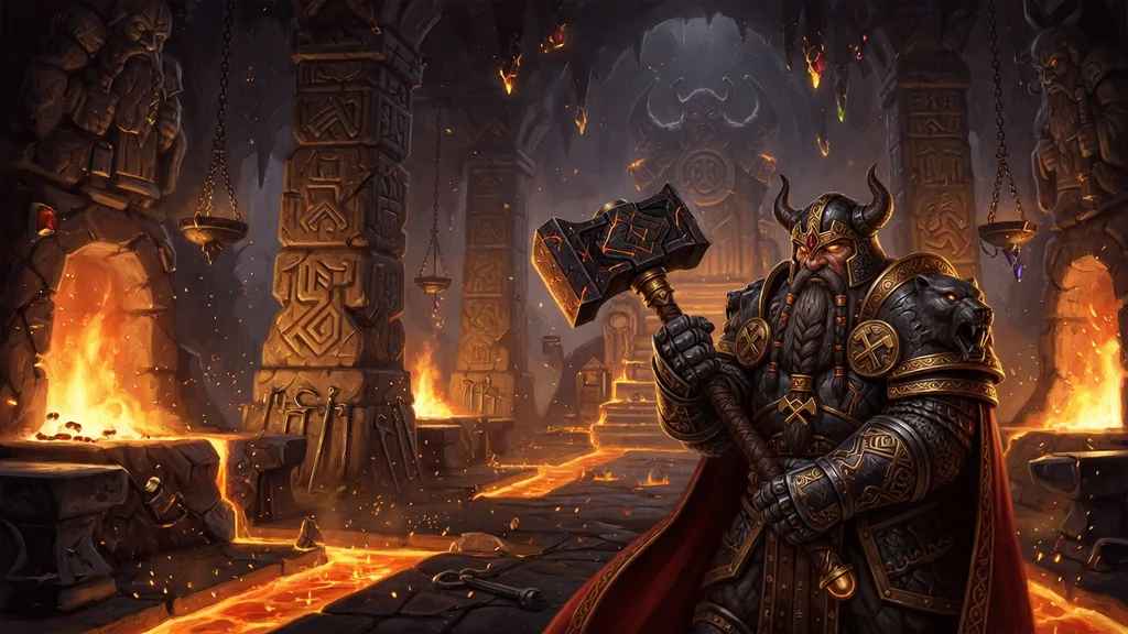 A torchlit dwarven forge hall deep under the mountain
