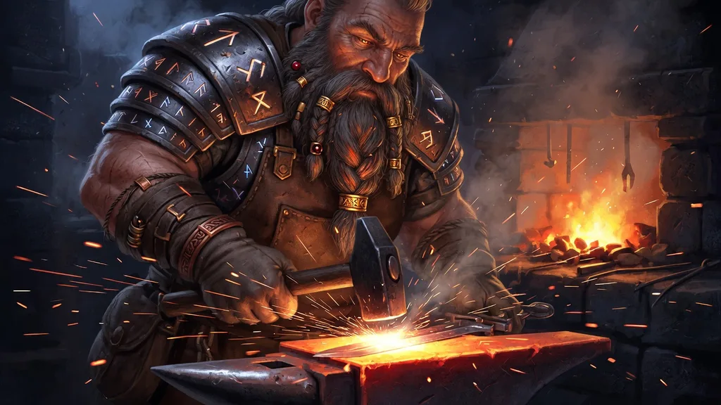 Dwarven master smith hammering glowing metal at an anvil amid flying sparks — forge scene for the dwarven name generator