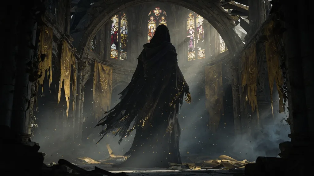 Towering ominous demigod silhouette looming over a grand ruined cathedral in dark golden mist — artwork for the Elden Ring name generator