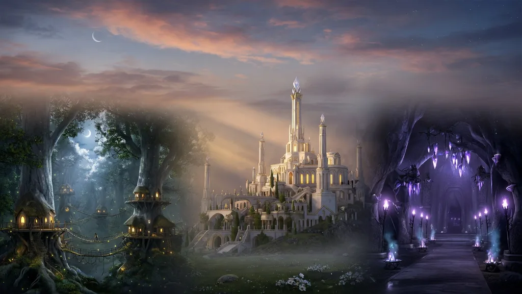 Three elven settlements in one panoramic view — a marble spire city, a canopy village, and a torchlit cavern hall — artwork for the elf name generator