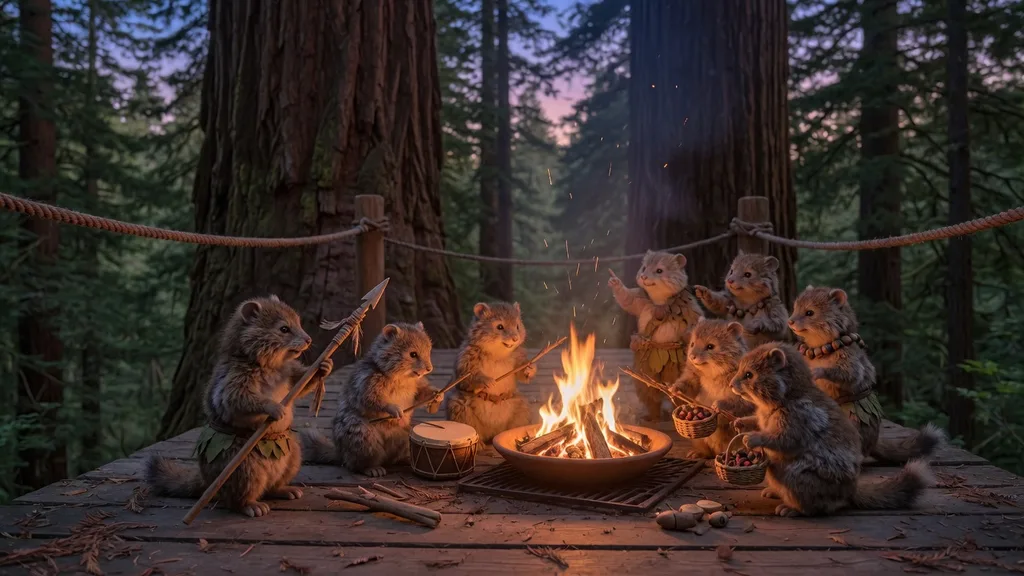 Group of small furry woodland creatures gathered around a campfire on a treetop walkway at dusk, one holding a tiny carved spear — scene from the Ewok name generator