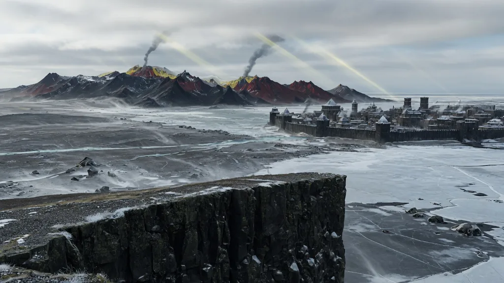 A vast frozen northern fantasy landmass seen from above — endless tundra, ice-capped ranges and a distant walled city at the edge of the world — imagery for the fantasy continent name generator