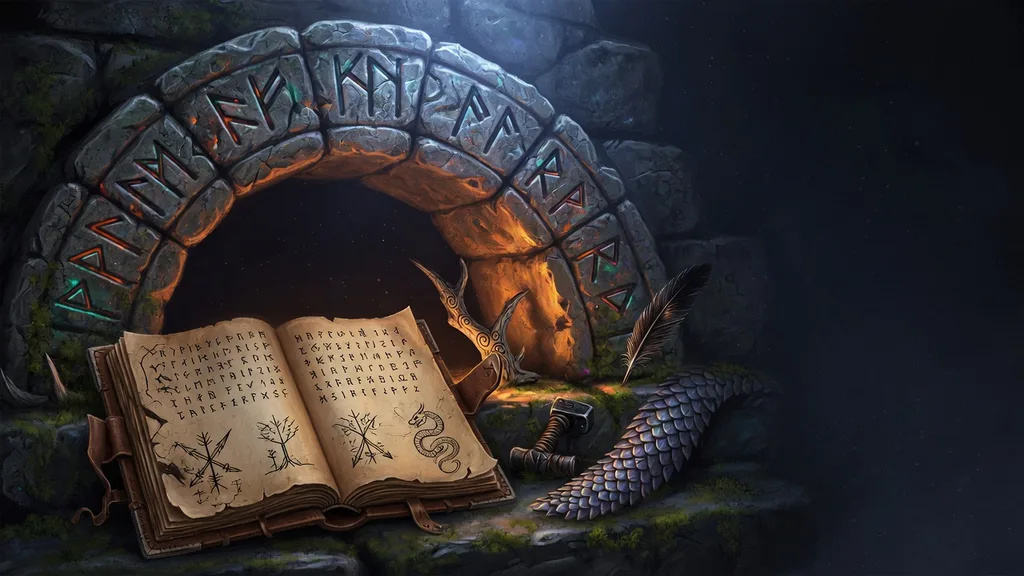 A carved stone archway covered in invented runic glyphs above a weathered naming ledger, torchlight and moonlight crossing the stone
