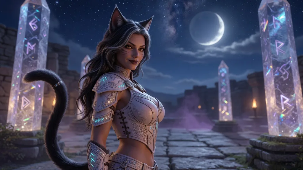 Elegant catlike Miq'o'te adventurer with feline ears in moonlit crystal plaza — scene art for the Final Fantasy 14 name generator