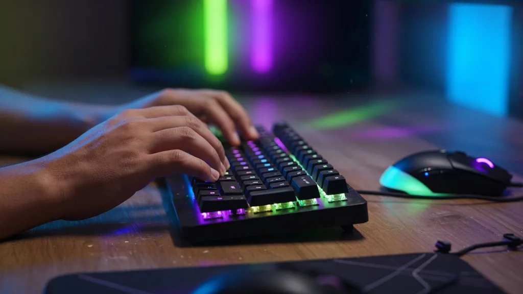 Gamer hands on a mechanical keyboard lit by colourful neon RGB lighting — battle-royale atmosphere for the Fortnite name generator