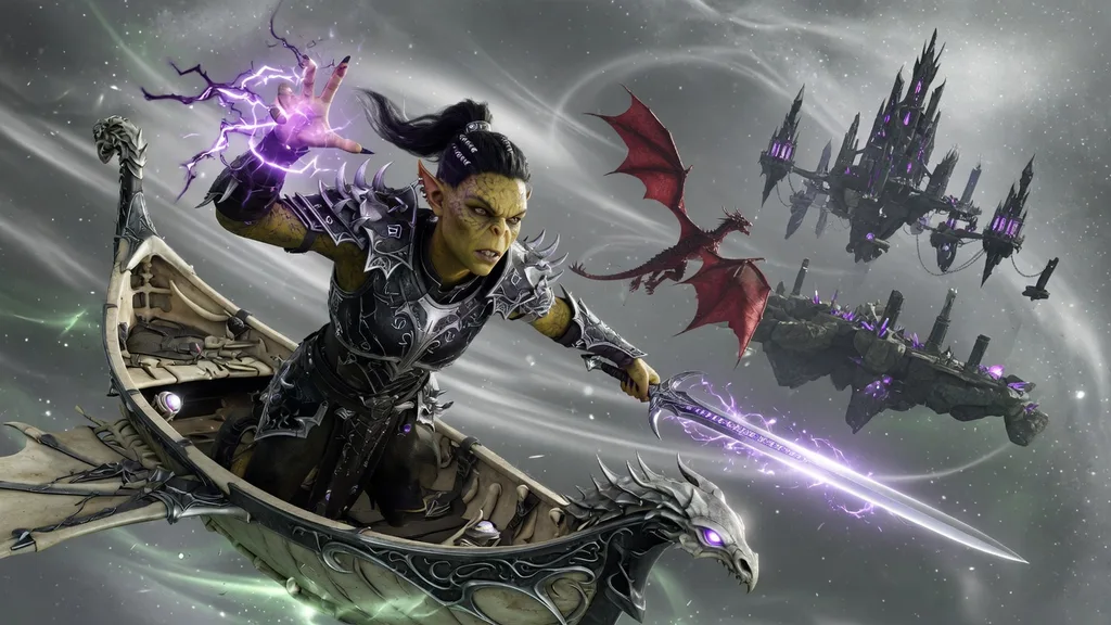 Githyanki gish raising a glowing silver sword aboard an astral skiff drifting through the silvery void — scene art for the githyanki name generator