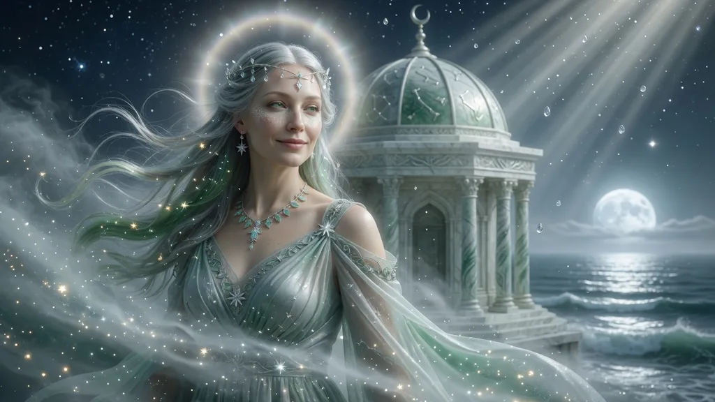 Beautiful luminous goddess in flowing robes amid swirling sea mist and starlight — divine portrait for the god name generator