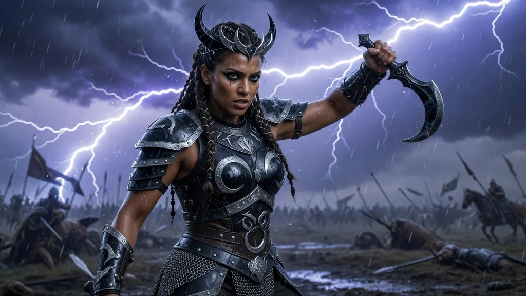 Fierce armored war goddess with crescent blade and battle-worn regalia standing on a storm-lit battlefield — artwork for the goddess name generator