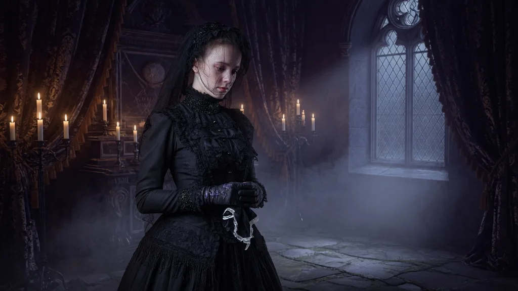 Pale figure in Victorian mourning dress standing among fog and candlelight in a shadowed gothic interior — artwork for the gothic name generator