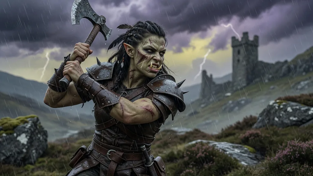 Fierce half-orc woman warrior with greenish skin and battle scars, armour and weapon raised, intense expression in a stormy landscape — artwork for the half-orc name generator