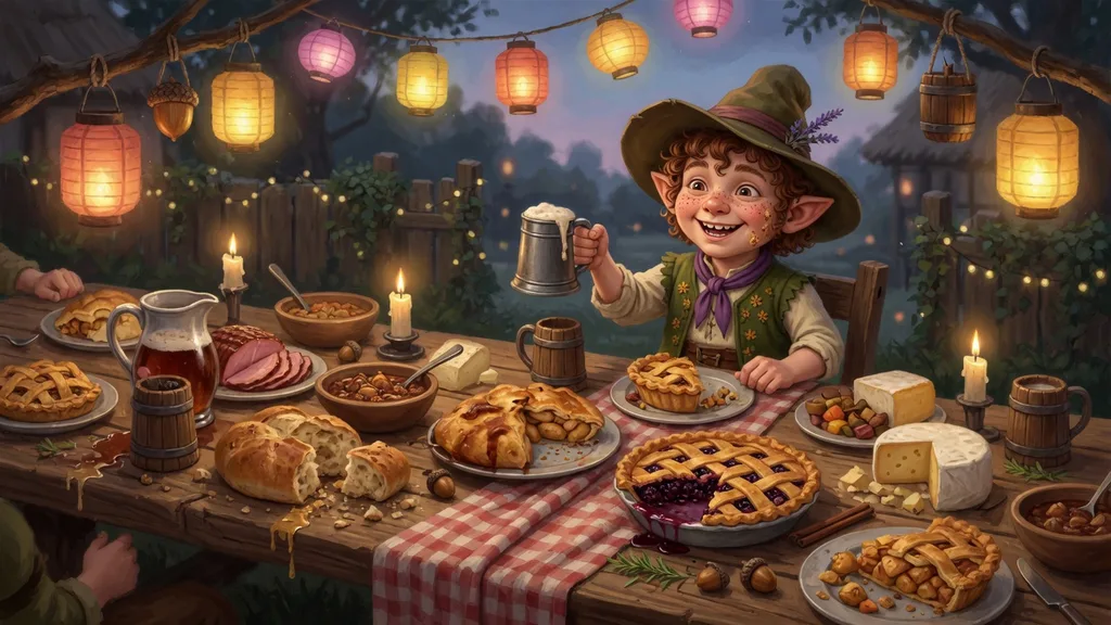 Cheerful halfling at a rustic feast table laden with bread, pies and ale under lantern light — artwork for the halfling name generator