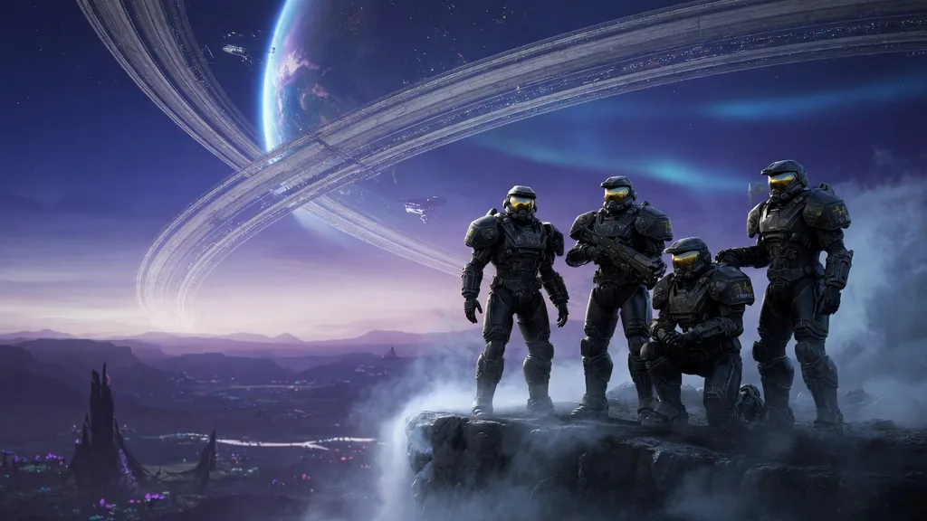 A fireteam of armoured super-soldiers silhouetted against an alien ringworld horizon — section art for the Halo Spartan name generator