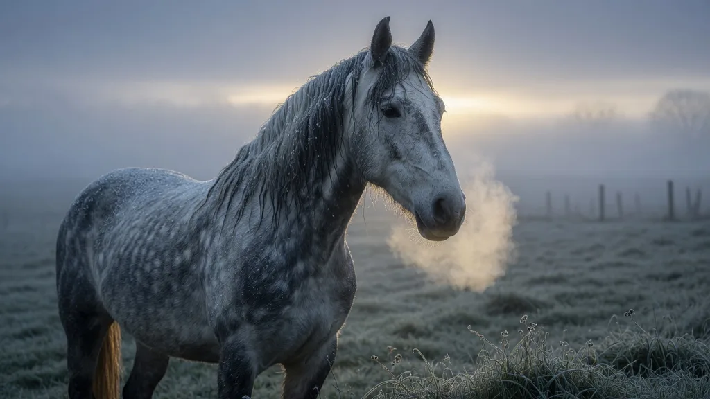 Dapple-grey horse standing in a misty morning pasture with frost on the grass — a coat-colour example for the horse name generator