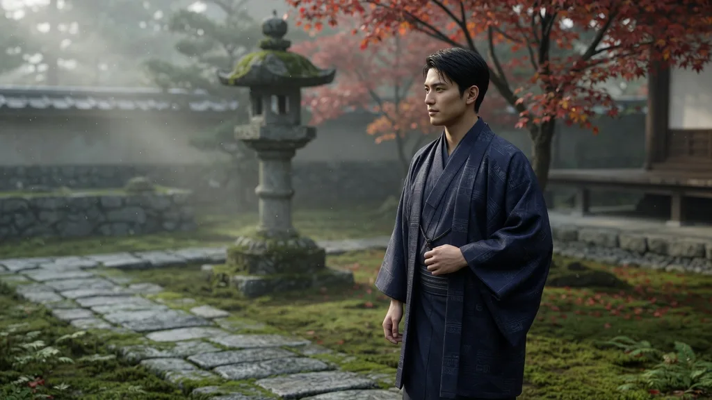Young man in a traditional dark kimono standing on a stone path in a tranquil Japanese garden — artwork for the Japanese name generator