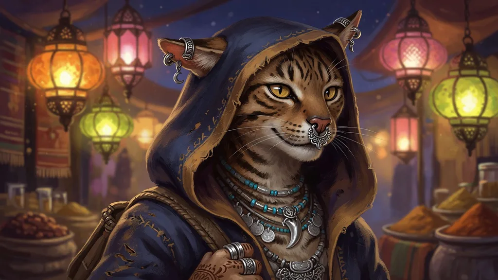 Close-up of a striped Khajiit merchant with golden eyes and a hooded desert cloak by glowing market lanterns — artwork for the Khajiit name generator