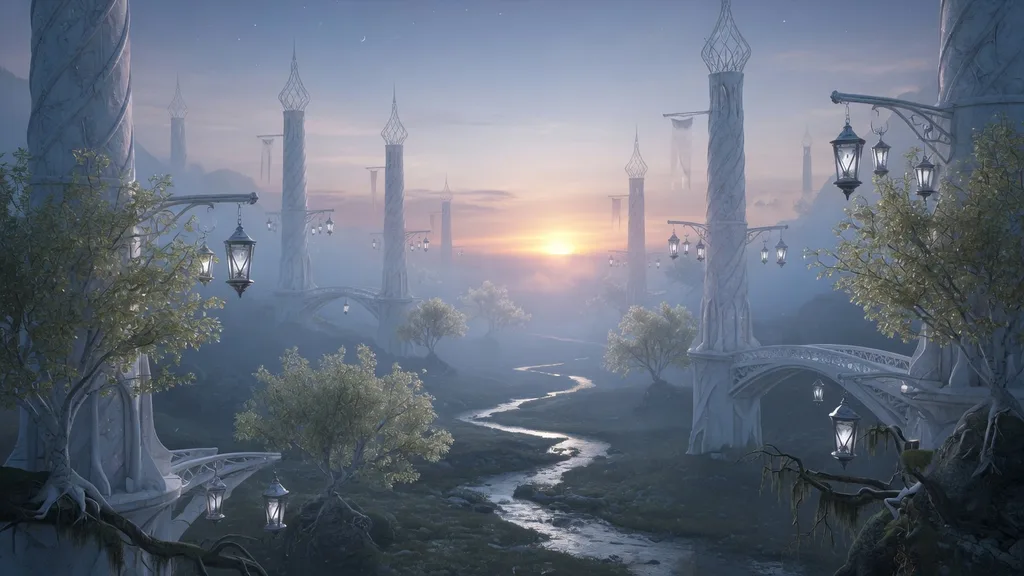 An elegant elven kingdom of white towers rising through mist, moonlit spires above a quiet valley — artwork for the kingdom name generator