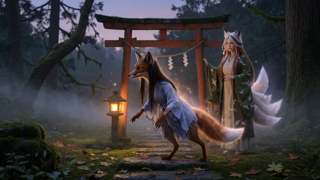 A young one-tailed fox spirit mid-transformation into human shape beside a forest shrine path — artwork for the kitsune name generator