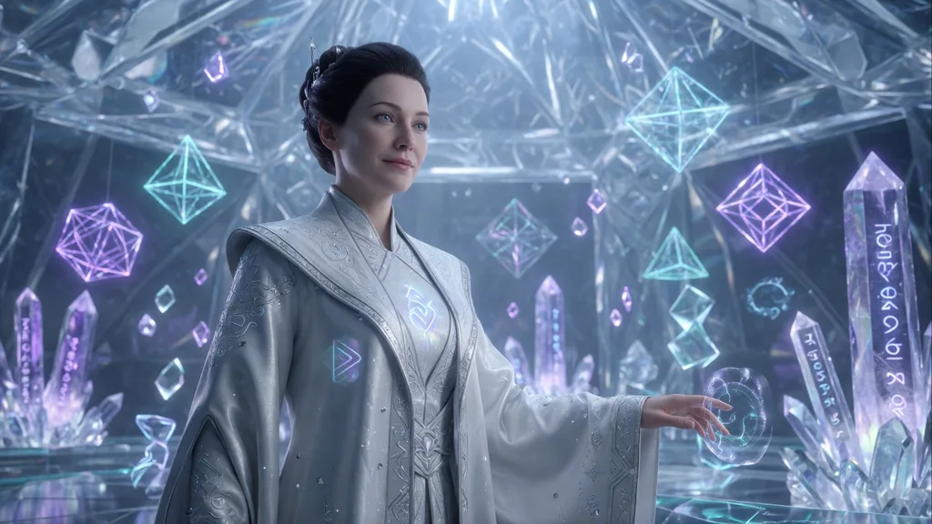Beautiful Kryptonian scientist woman in crystalline guild robes inside a glowing alien research chamber — artwork for the Kryptonian name generator