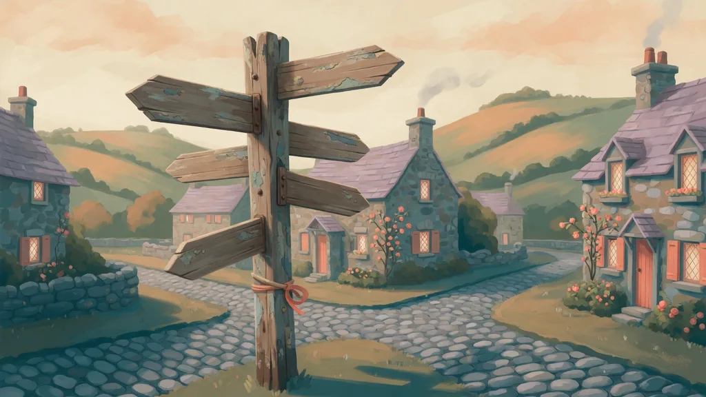 Weathered European village signpost with old stone buildings and cobbled streets — locative surname naming in context